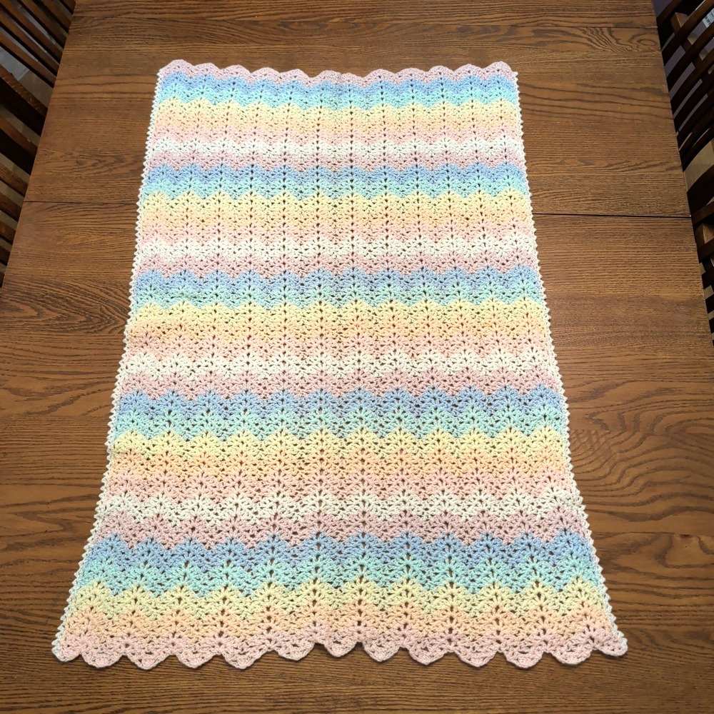 Handmade Baby Crochet Blanket Pastel Rainbow Ripple Afghan 25x38 Soft Nursery